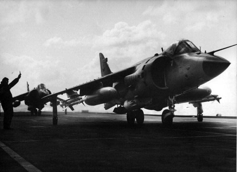 Royal Navy Sea Harrier aircraft on CAP mission during the Falklands War 1982