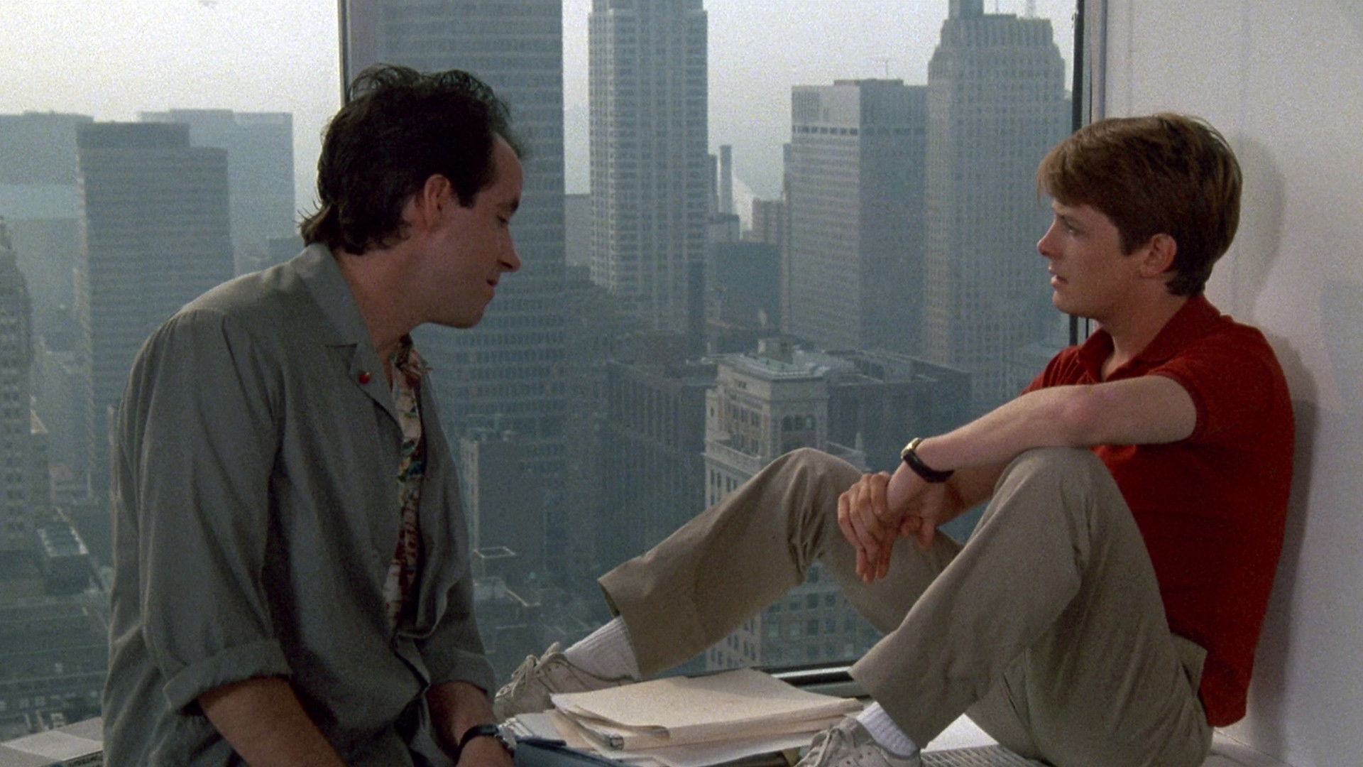 The Secret of My Success rooftop scene over New York skyline