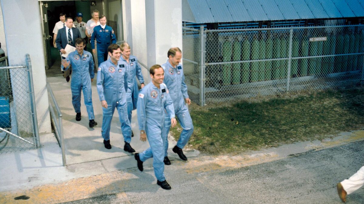 STS-41C crew heading to the launch pad in April 1984