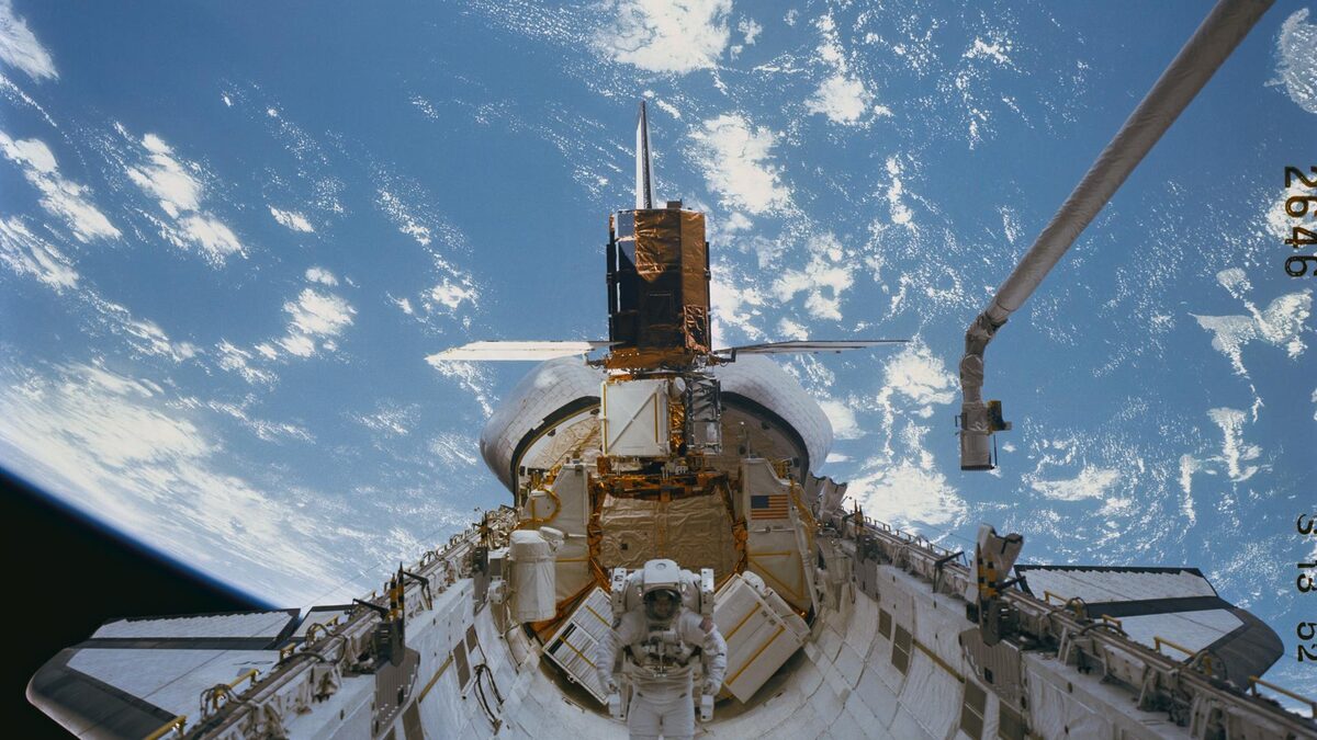 STS-41C astronauts completing the Solar Max repair on April 11 1984