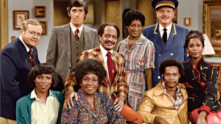 The Jeffersons TV show cast photo in the apartment set
