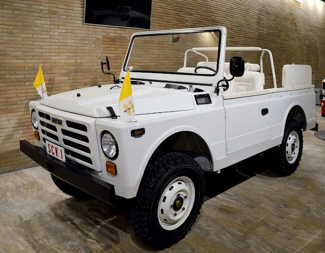 The actual 1981 Fiat Campagnola popemobile on display at the Vatican Museums
