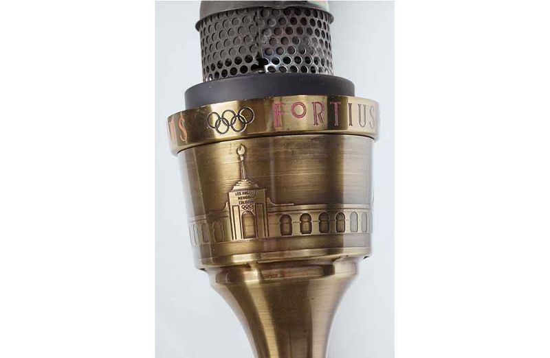 1984 Los Angeles Olympic torch close-up showing the Coliseum engraving