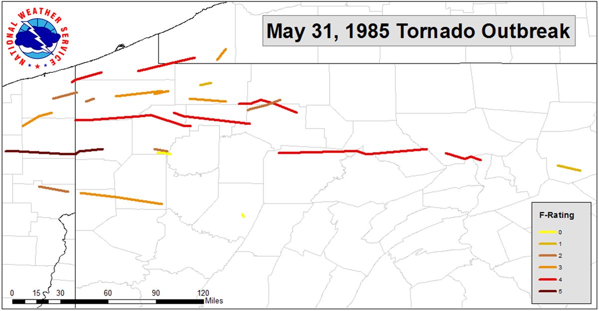 May 31 1985 tornado outbreak track map showing 20 Pennsylvania tornadoes
