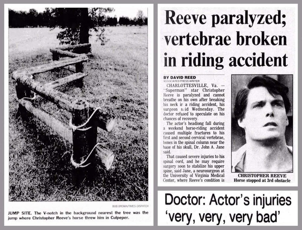 Newspaper coverage of the May 27, 1995 Christopher Reeve riding accident, showing the jump site V-notch in Culpeper