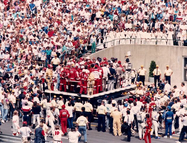 Emerson Fittipaldi celebrates his 1993 Indianapolis 500 victory