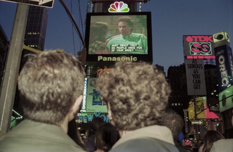 Crowd watching the Seinfeld finale on a Panasonic jumbotron in Times Square, May 14, 1998