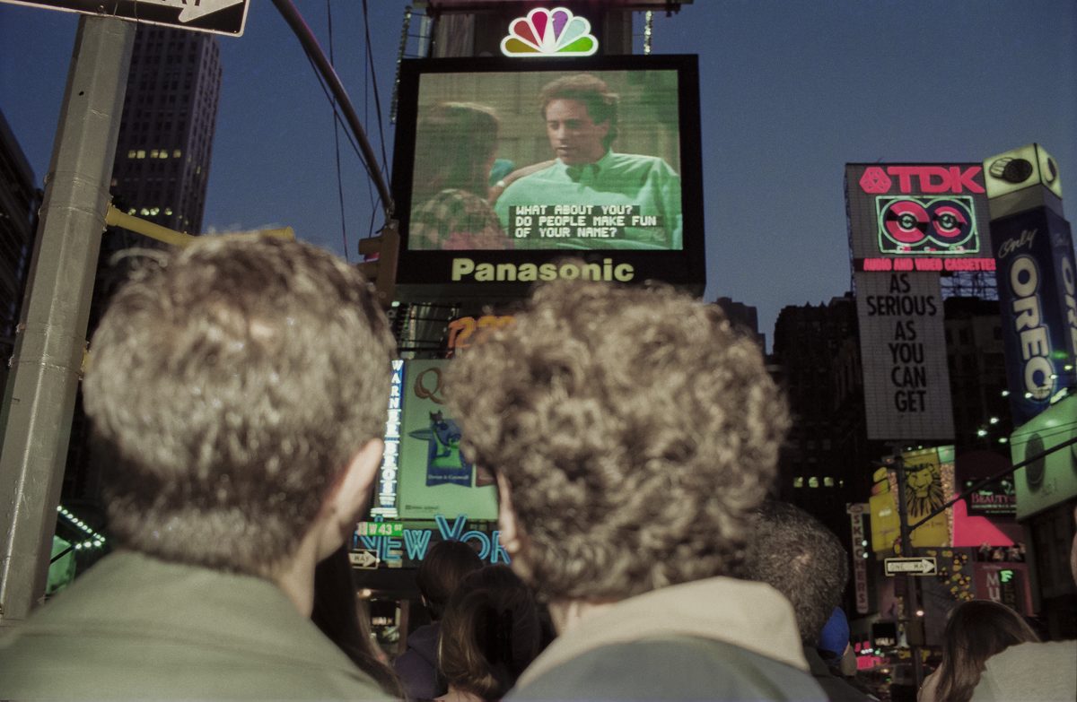 Crowd watching the Seinfeld finale on a Panasonic jumbotron in Times Square, May 14, 1998