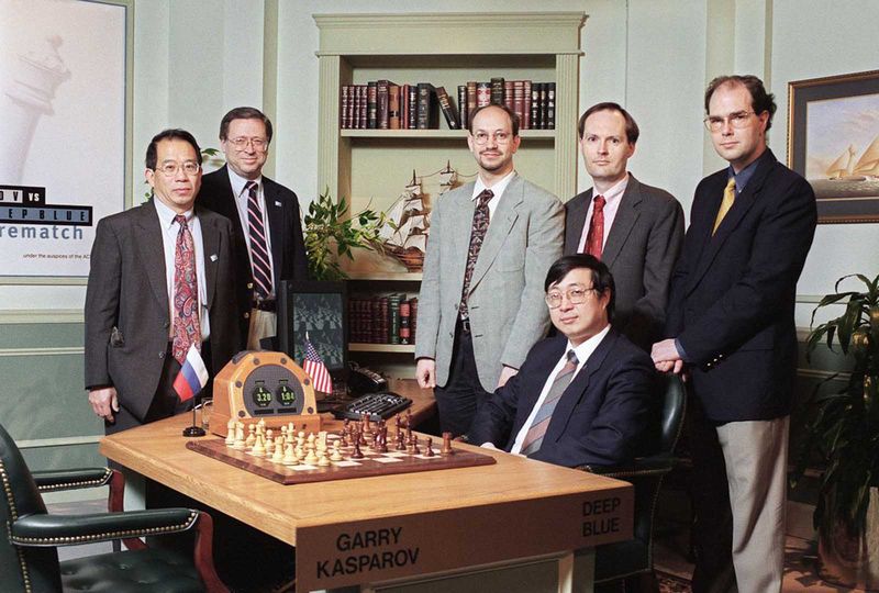 IBM Deep Blue team posing during 1997 chess match with Kasparov