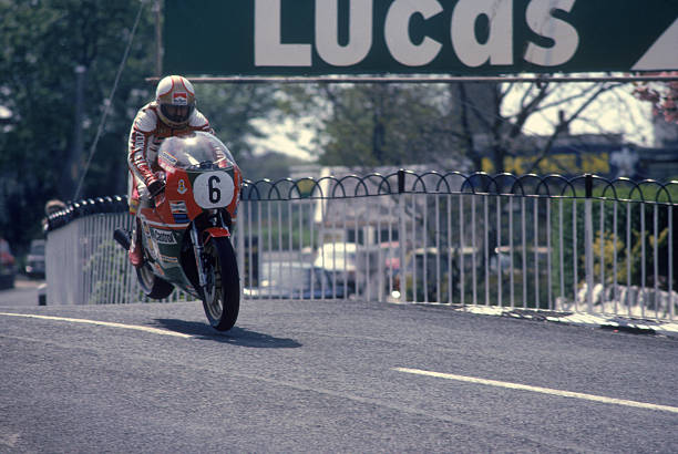 English motorcycle racer Mike Hailwood on a Suzuki during the Classic TT race on the Isle of Man, 1979. He finished second af