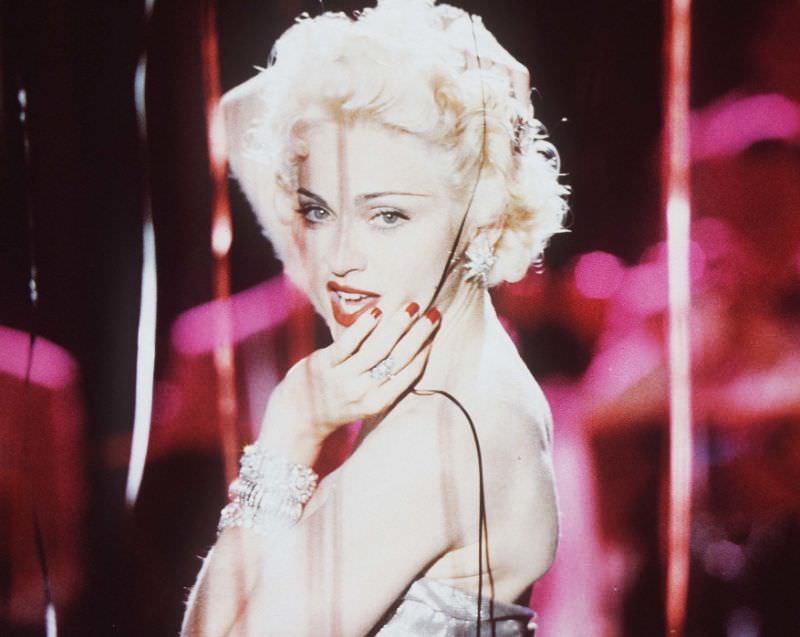 Madonna performing live in 1990 during the Dick Tracy and Vogue era