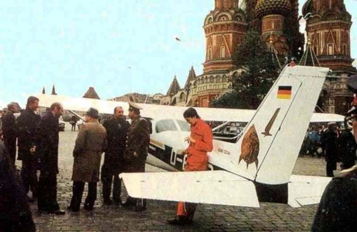 Mathias Rust stands beside his rented Cessna 172 D-ECJB after landing at Red Square on May 28, 1987