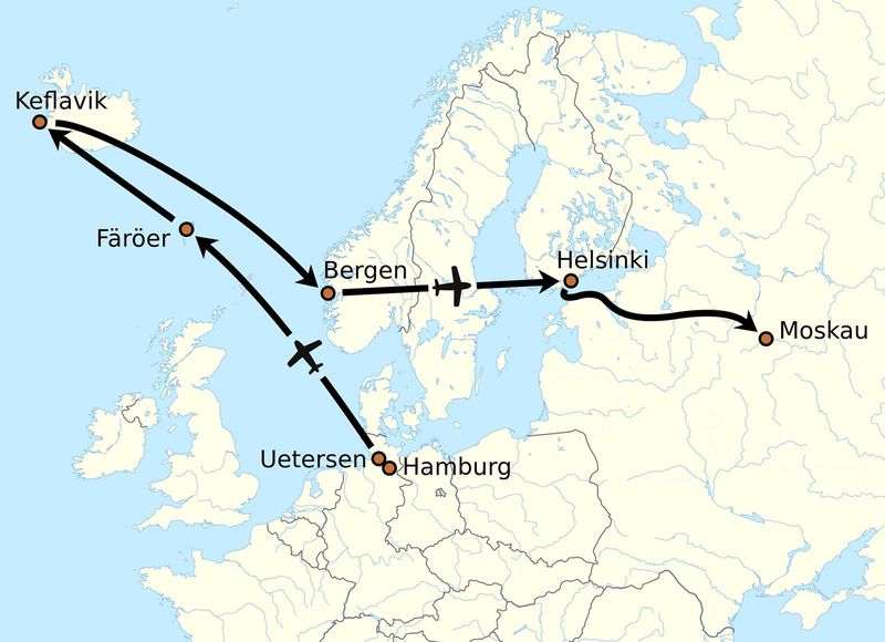 Mathias Rust flight route map Hamburg Iceland Helsinki Moscow May 1987