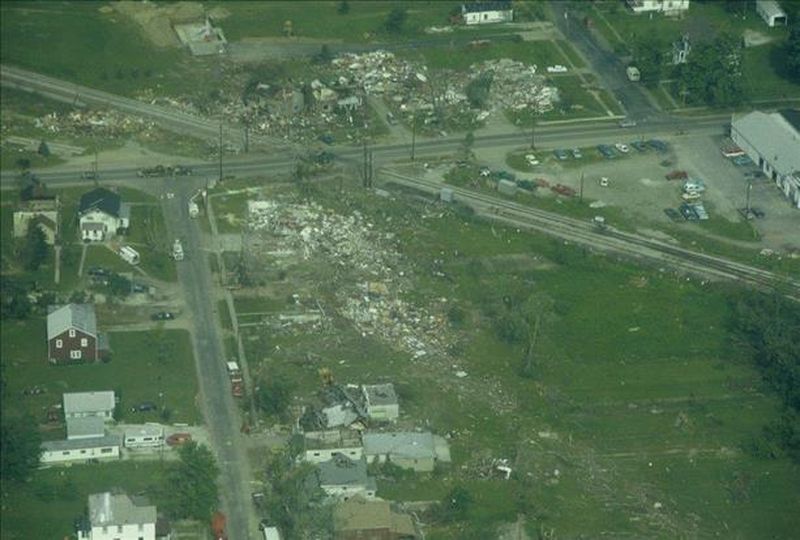 Aerial view of F5 tornado destruction path May 31 1985