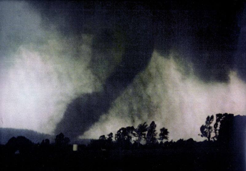 Approaching F4 tornado captured on wet road during May 31 1985 outbreak