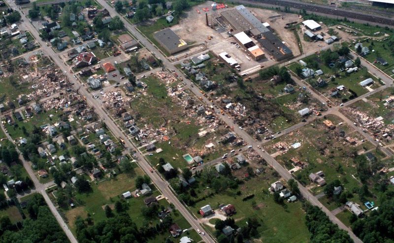 Aerial view of Niles Ohio tornado damage May 31 1985