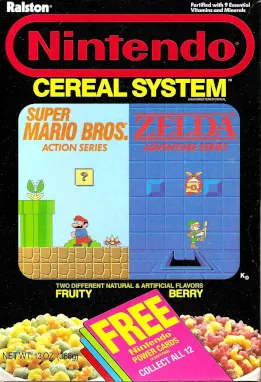 Nintendo Cereal System box from 1988 with two flavors, Mario fruity side and Zelda berry side