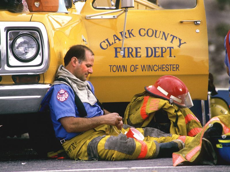 Paramedic resting at the PEPCON disaster command post after the explosions