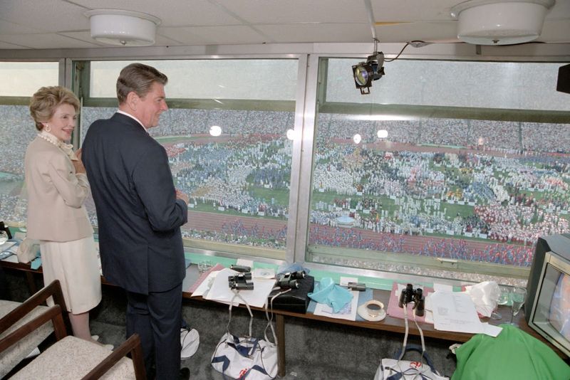 Ronald and Nancy Reagan watching the 1984 Olympics boycott-era opening ceremony in Los Angeles