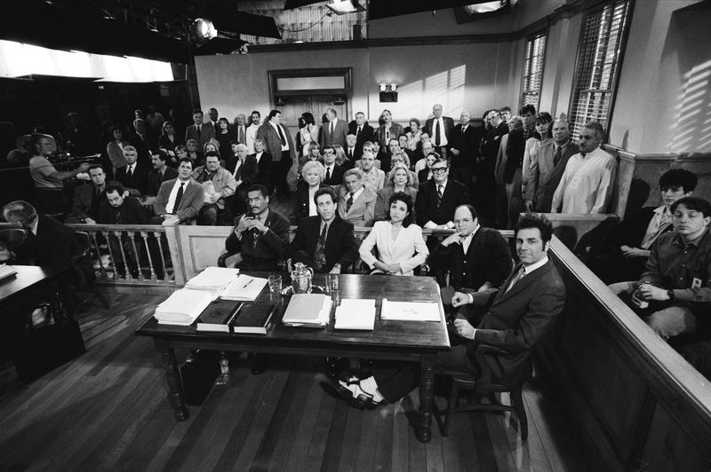 Seinfeld finale courtroom trial scene with Jackie Chiles defending the cast on stand
