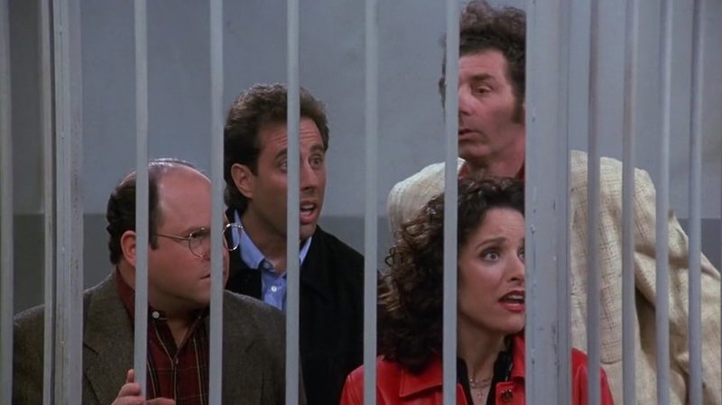Jerry George Elaine and Kramer behind bars at the end of the Seinfeld finale