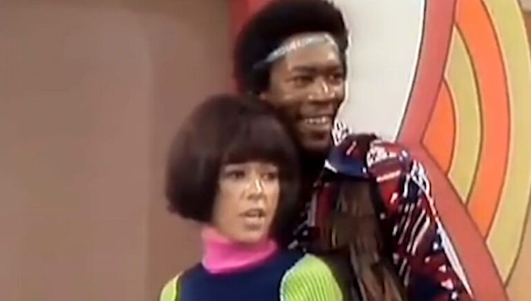 The Electric Company cast — Morgan Freeman as Easy Reader and Rita Moreno on the 1971 PBS show set