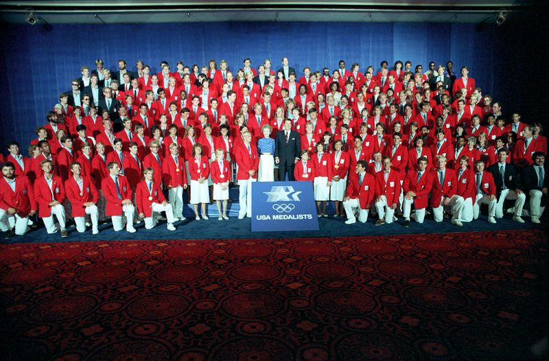 USA 1984 Olympic medalists team photo after the Soviet boycott swelled the American gold count