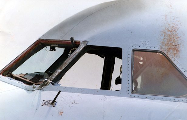 BA Flight 5390 cockpit after windscreen panel separation showing damaged frame and exposed instruments