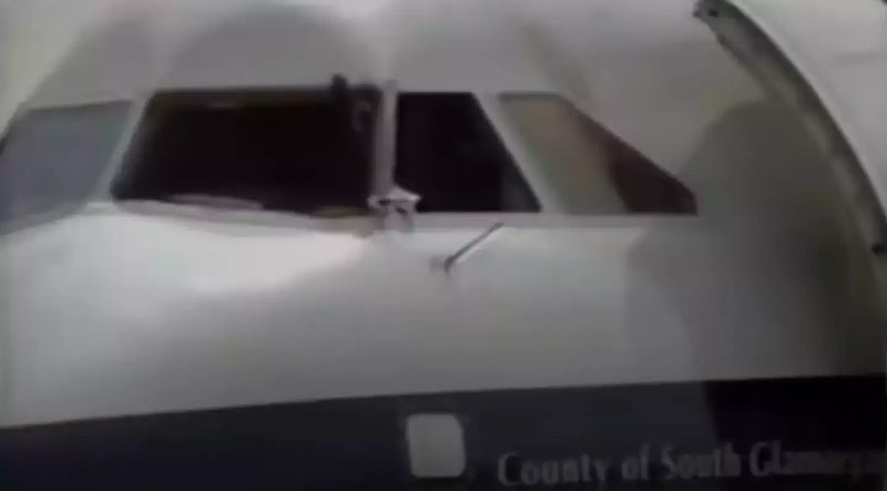 BA Flight 5390 BAC One-Eleven County of South Glamorgan with missing left windscreen panel after emergency landing