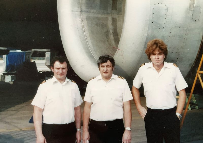 Captain Eric Moody and the British Airways Flight 9 crew beside the 747 engine after the June 24 1982 glide