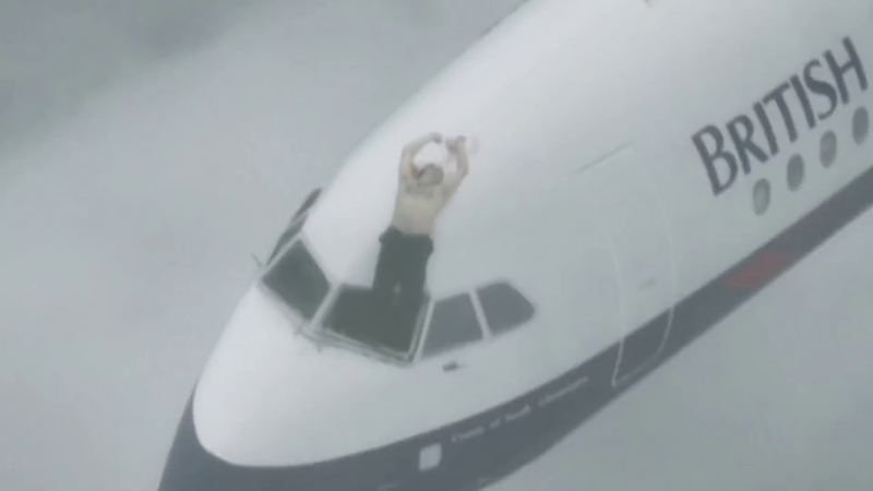 BA Flight 5390 dramatic recreation of Captain Tim Lancaster pinned outside cockpit window of British Airways aircraft