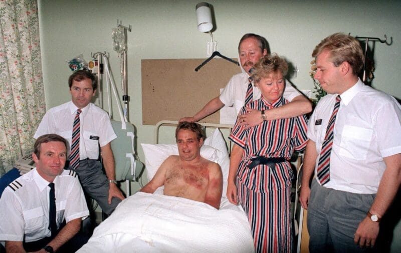 Captain Tim Lancaster recovering in hospital with British Airways Flight 5390 crew June 1990