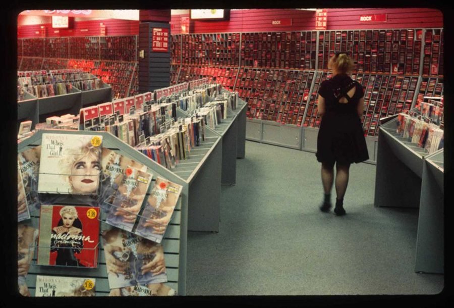 1980s mall record store with Madonna Who's That Girl cassettes and rock section