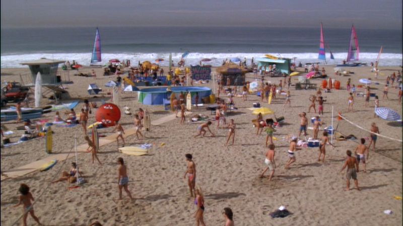 Back to the Beach 1987 wide Malibu beach party crowd scene