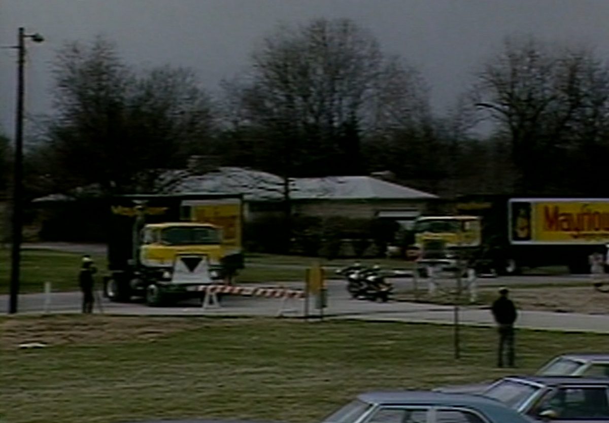 Mayflower moving trucks loading Baltimore Colts equipment during the March 28 1984 midnight move to Indianapolis