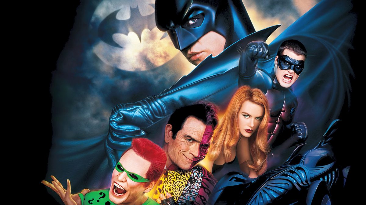 Batman Forever 1995 cast poster — Val Kilmer, Jim Carrey, Tommy Lee Jones, Nicole Kidman, Chris O'Donnell
