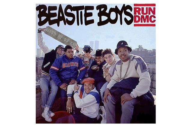 Beastie Boys and Run-DMC posing in 90s streetwear, gold chains, and sports jerseys