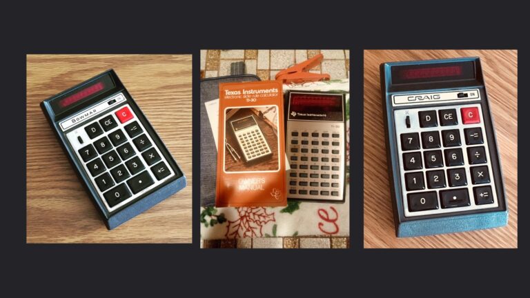 Vintage 1970s pocket calculators including Bowmar 901B, Texas Instruments TI-30, and Craig 4501