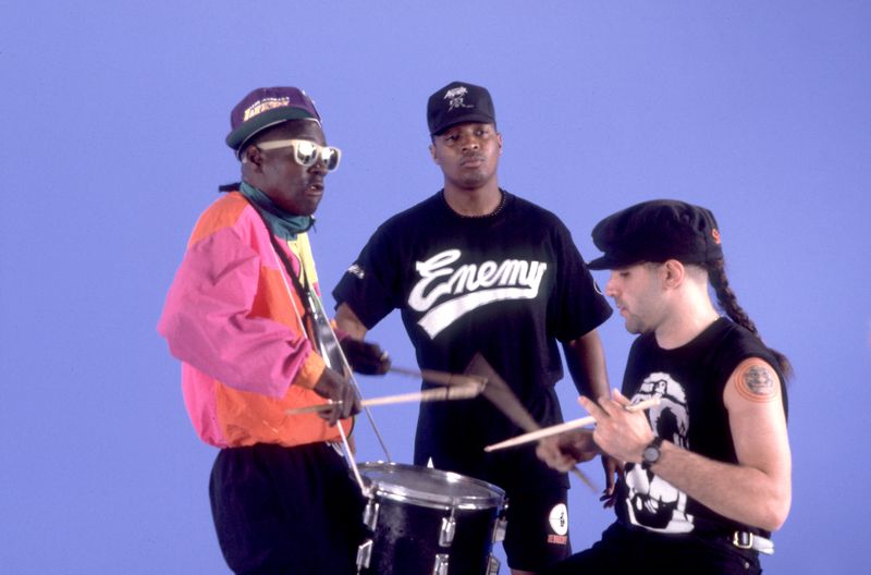 Flavor Flav Chuck D and Scott Ian of Anthrax record Bring the Noise 1991