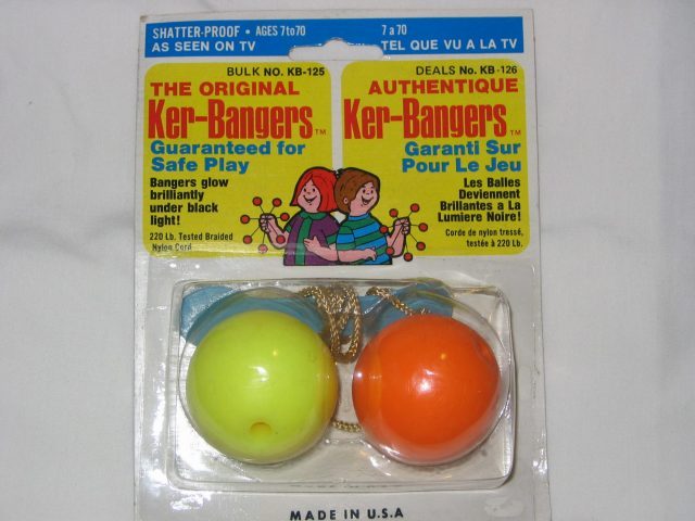 Original Ker-Bangers clackers in vintage packaging — banned after shattering