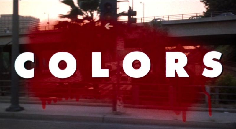 Colors 1988 movie title card with red graffiti dripping over an LA underpass