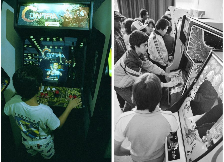 Kids playing Contra and crowding an arcade cabinet in 1987