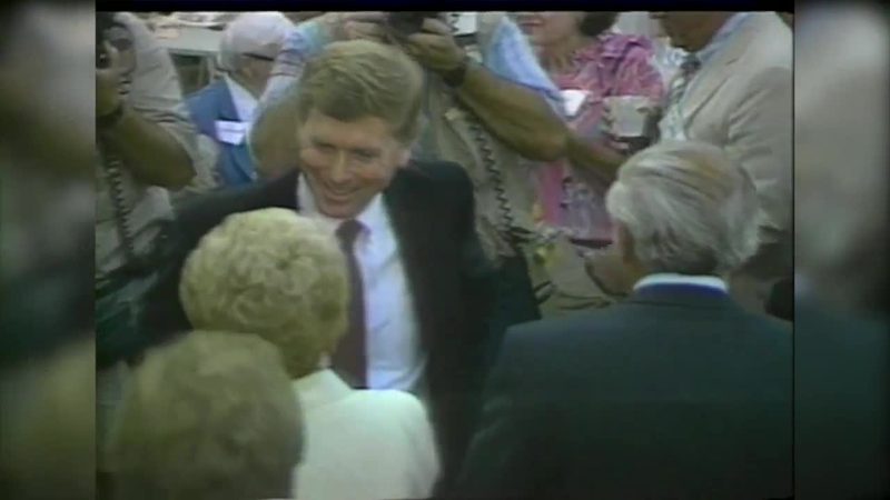 Senator Dan Quayle greets supporters after 1988 VP announcement