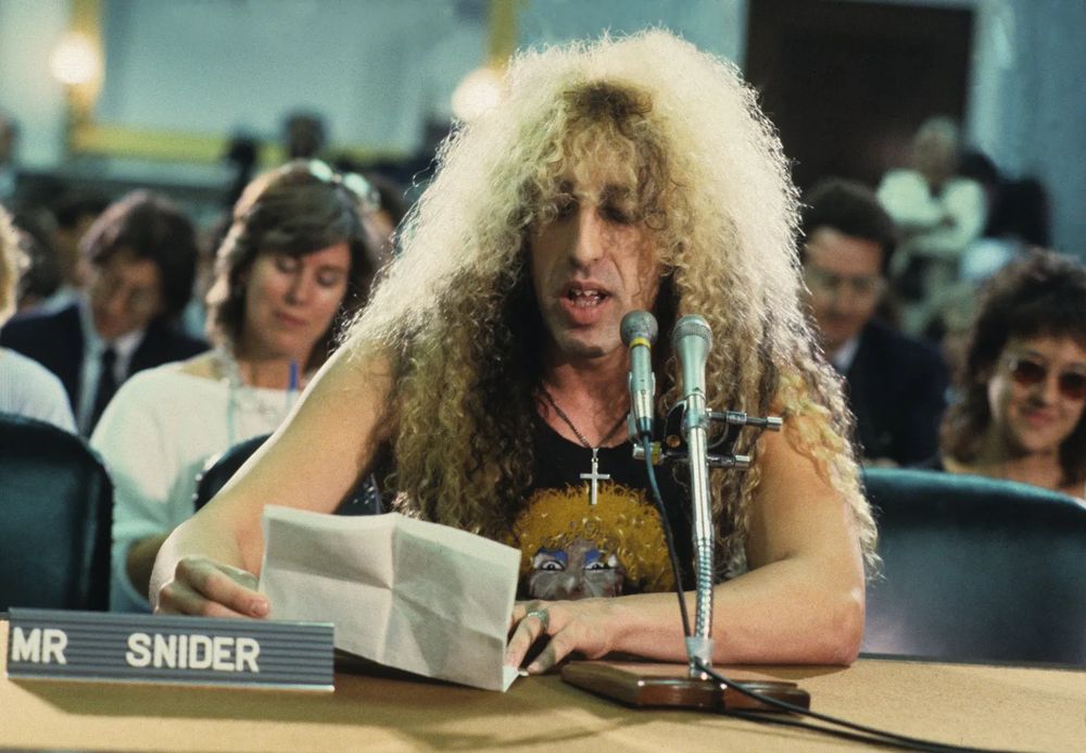 Dee Snider testifying against the parental advisory sticker at the 1985 PMRC Senate hearing