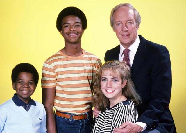 Diff'rent Strokes cast Conrad Bain as Mr Drummond with Arnold Willis and Kimberly