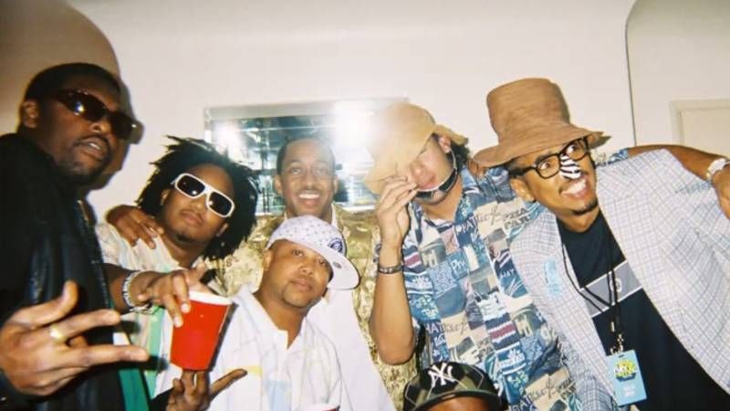 Digital Underground crew posing backstage at Oakland Bay Area show