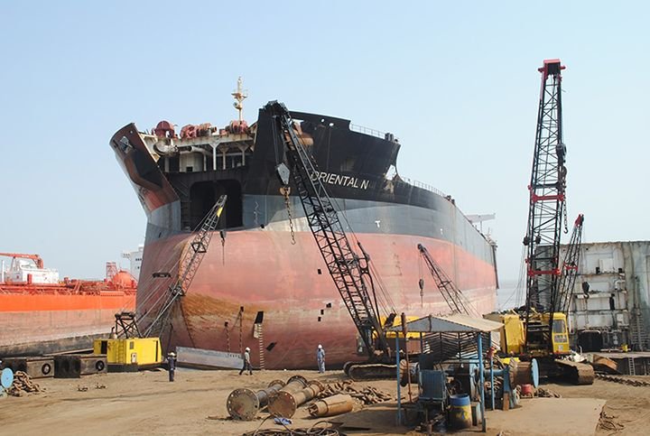 Former Exxon Valdez renamed Oriental Nicety being dismantled on the beach at Alang India 2012