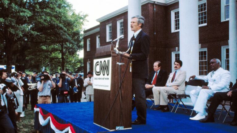 Ted Turner speaking at the CNN launch ceremony on June 1, 1980 in Atlanta