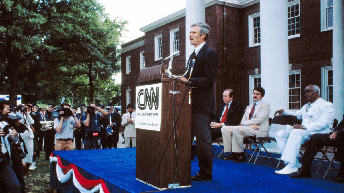 Ted Turner speaking at the CNN launch ceremony on June 1, 1980 in Atlanta