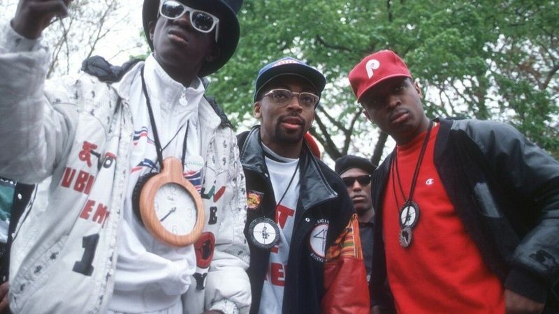 Flavor Flav Spike Lee Chuck D on the Public Enemy Fight the Power video set in Brooklyn